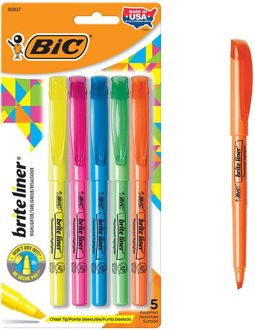 BLP51W-Ast BIC Brite Liner Highlighter, Chisel Tip, Assorted Colors, 5-Count 070330908376