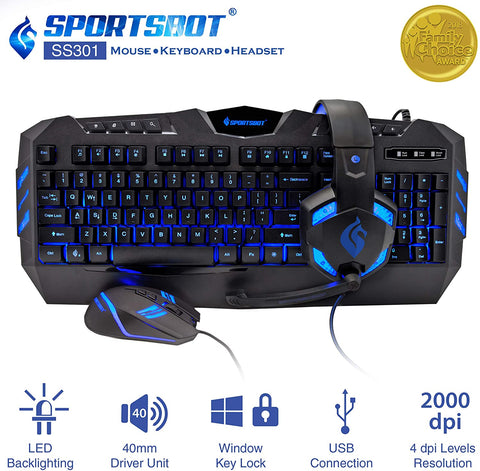 SS301-BLU SportsBot Blue LED Gaming Over-Ear Headset Headphone, Keyboard & Mouse Combo x001adrmpx